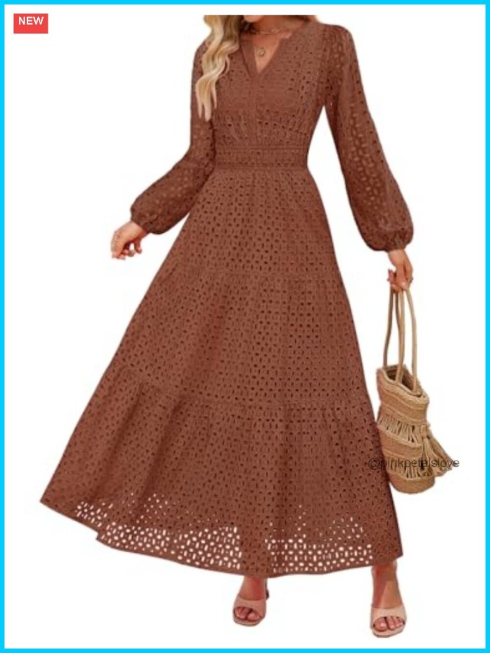 Women's Long Sleeve Eyelet Maxi Dress V Neck A Line Flowy Fall Casual